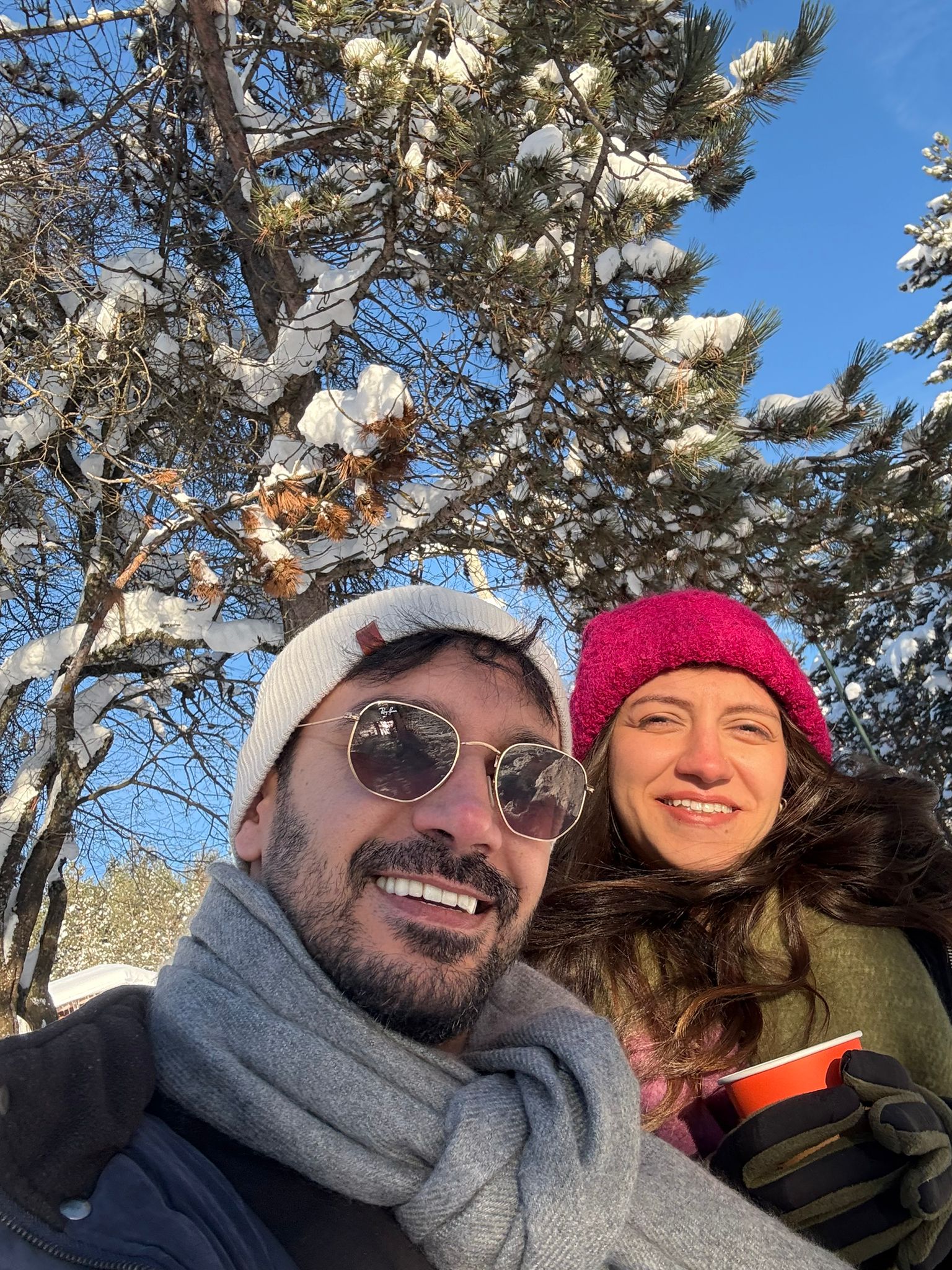 Karlı ağaçlar altında çift